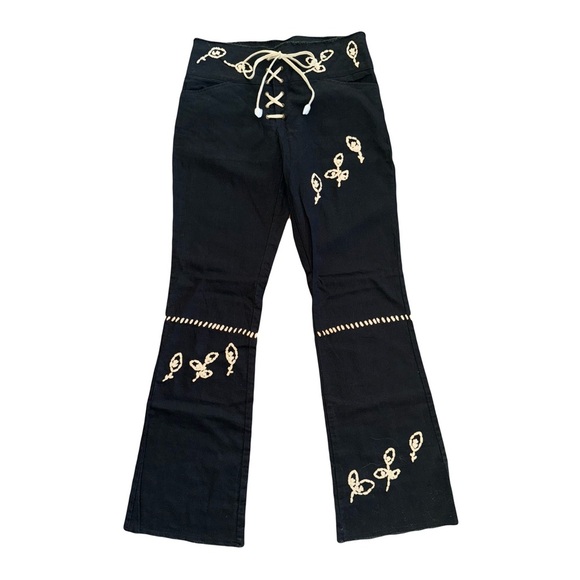 NWOT Ashley by EB International Black Lace-Up Boho Flare Pants Embroidered Sz S - Picture 1 of 8
